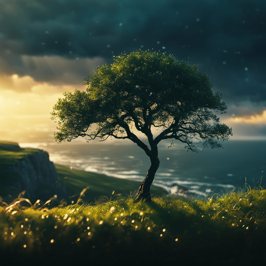 Lone Tree on Cliff Edge in Oil Painting Style