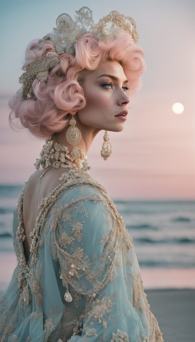 Fantasy Queen on Moonlit Beach in Editorial Style