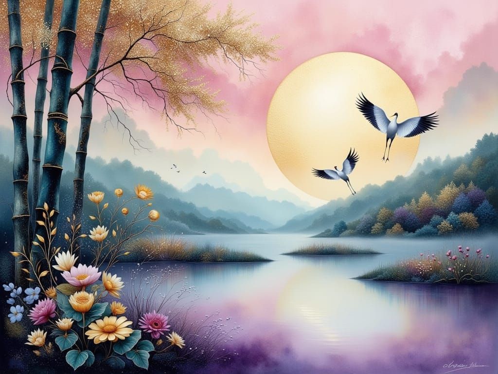 Surreal Bamboo Landscape with Cranes in Mist