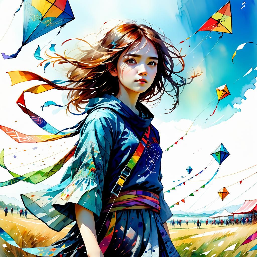 Intricate Watercolour Illustration of a Summer Kite Festival