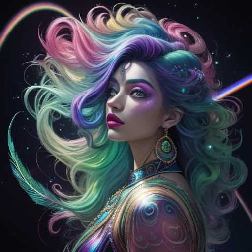 Vibrant Cosmic Goddess in Rainbow Skin and Peacock Feathers