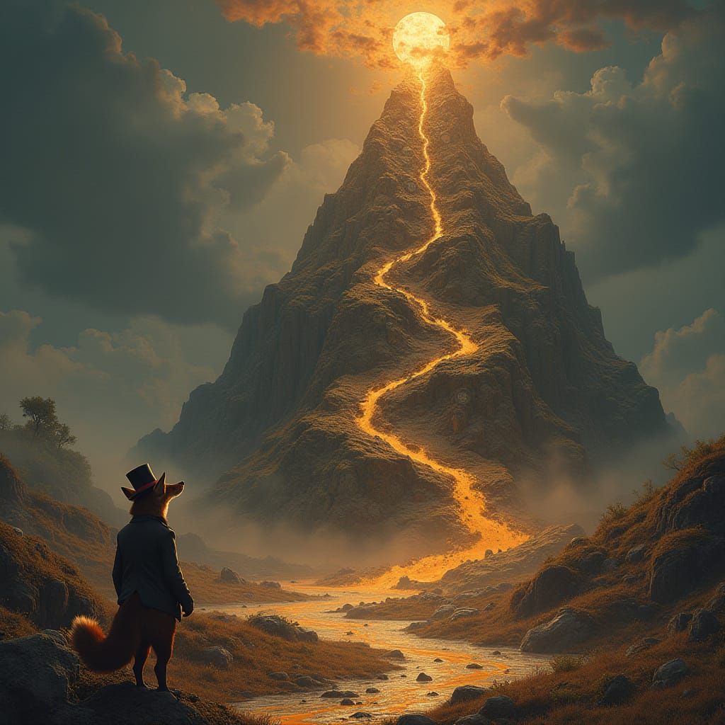 Picture a surreal landscape where a towering mountain of clocks is slowly melting, its rivers of molten gears cascading ...