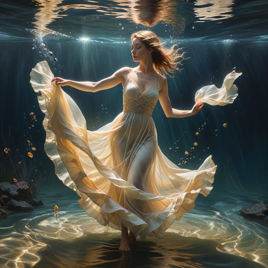 Flowing Fabrics Dance in Golden Underwater Dreamscape
