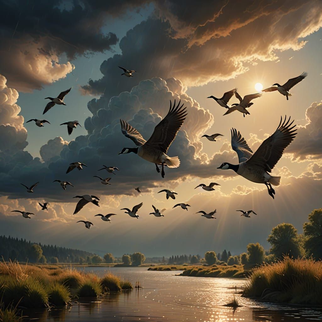 Geese Fly Through Stormy Clouds in Heavenly Light Oil Painti...