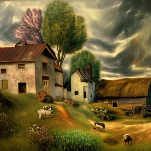 Elegant Fantasy Farm in Hyperdetailed Digital Airbrush Style