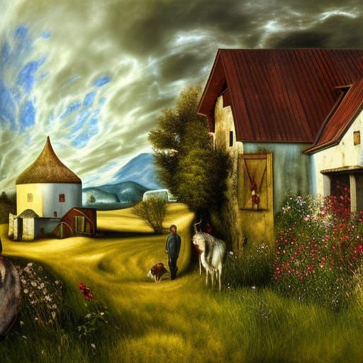 Polychromatic Farm Painting in Ting, El Greco, Klimt Style