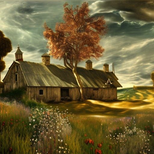 Colorful Fantasy Farm Painting in Klimt Style