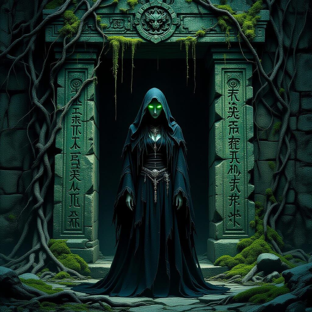 Emerald-Eyed Witch Before Ancient Temple