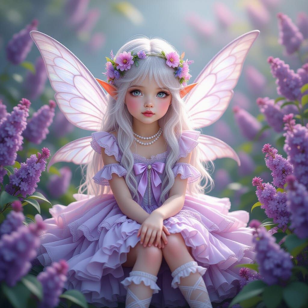 A delicate fairy child with long silver hair and big innocen...