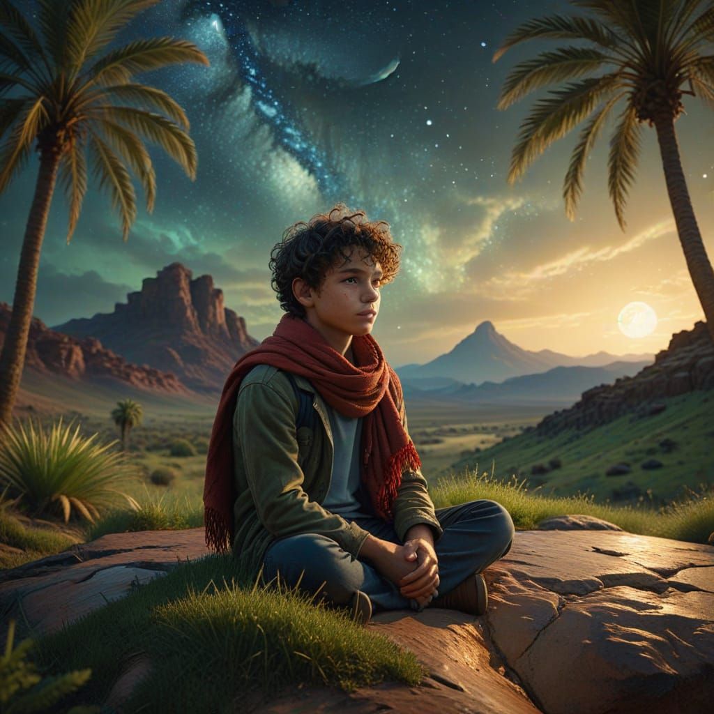 Boy on Crescent Moon in Desert Landscape