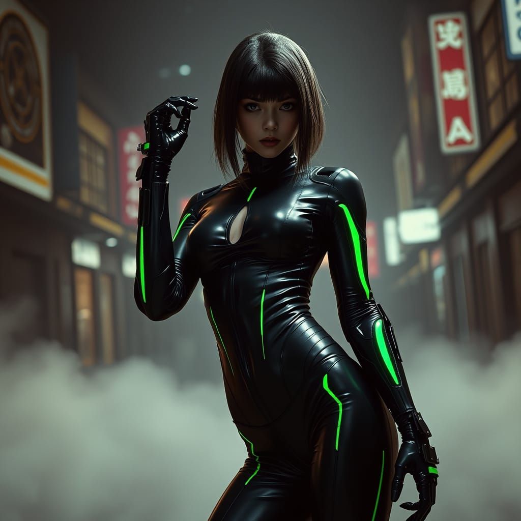 Cyborg Girl in Neon Leather Suit, Dystopian Urban Landscape