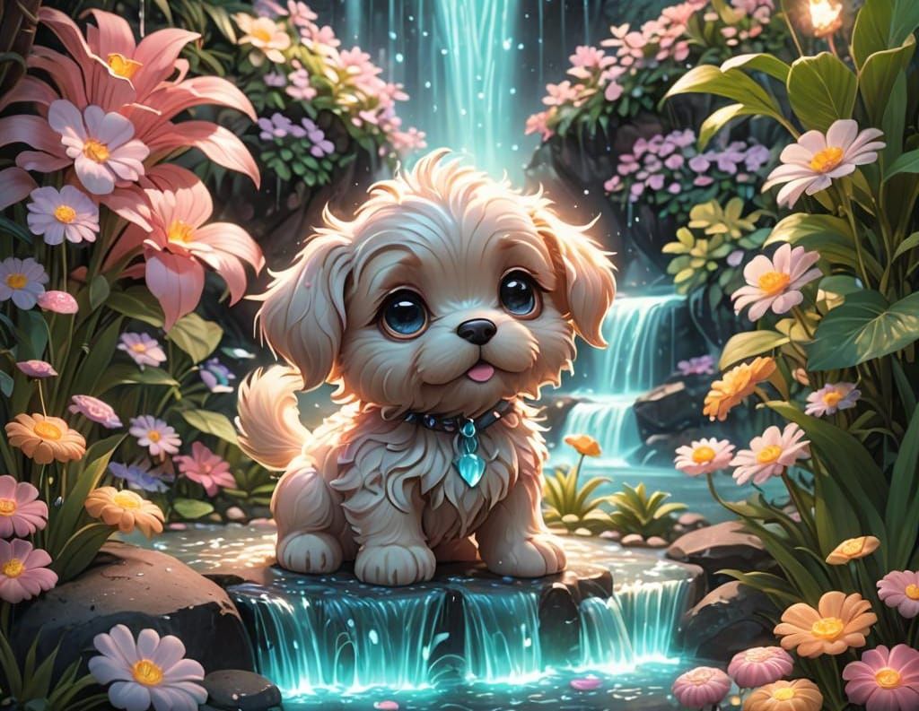 Chibi Puppy Amidst Bioluminescent Waterfall in Vibrant Garde...