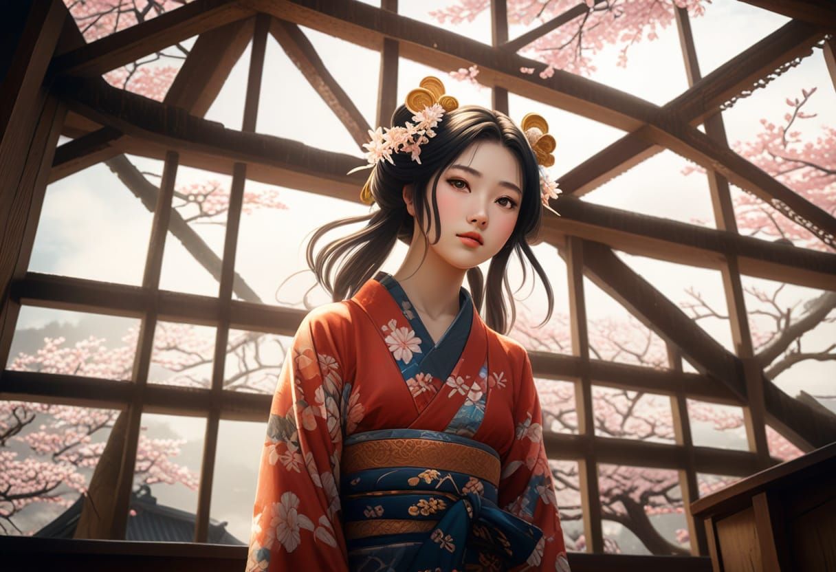 Beautiful Young Woman in Traditional Japanese Attire