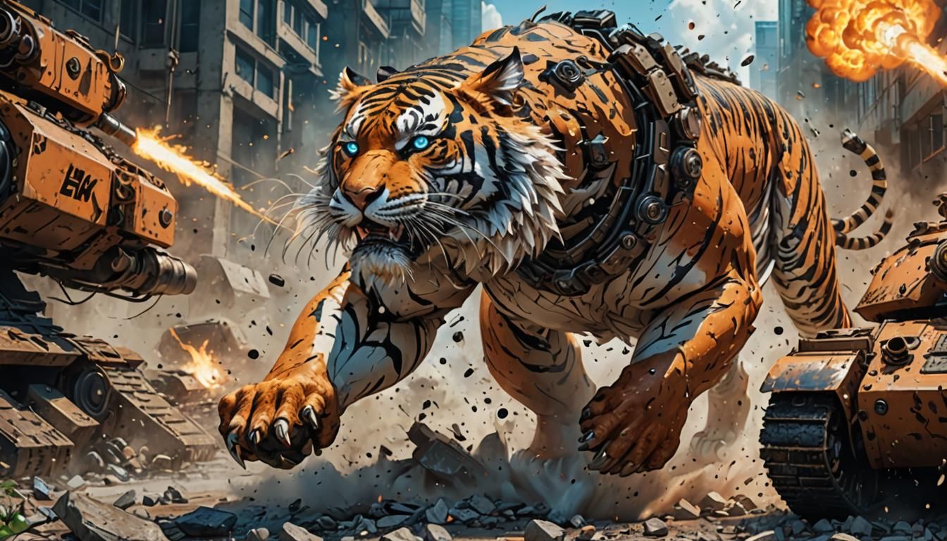 Cyberpunk Tiger Stalking Epic Battle Scene