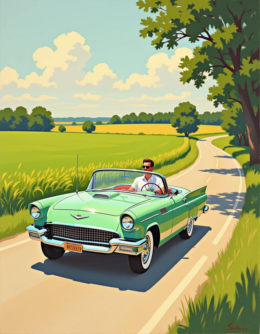 Mint Green 1950s Car on Country Road