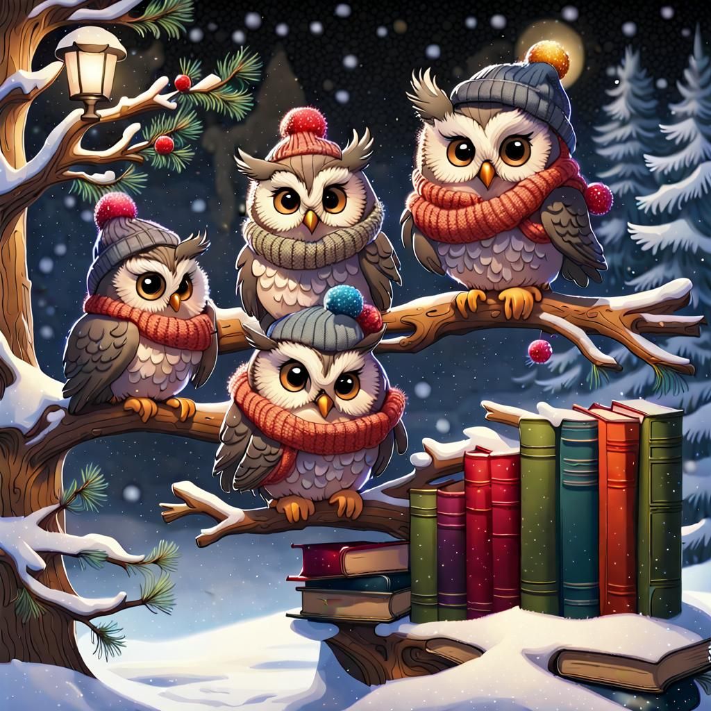 Whimsical Owl Gathering in Winter Wonderland