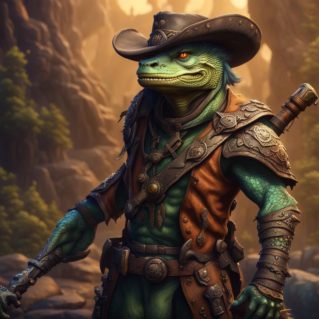 Lizardfolk Gunslinger in a Fantastical Desert Landscape