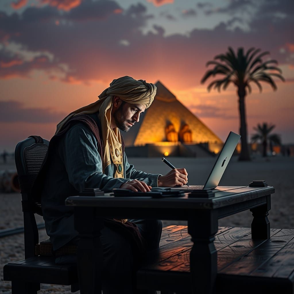 Ancient Egyptian Scribe Writes Hieroglyphics on Laptop at Gi...