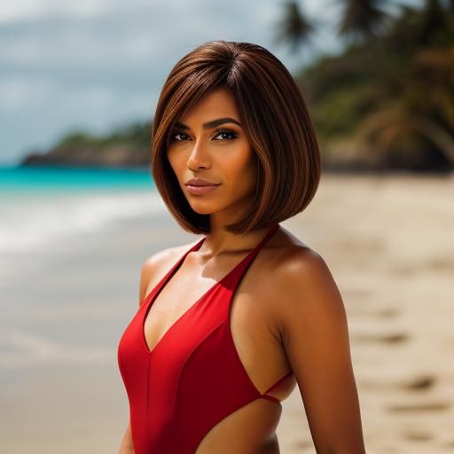 Sensual Colombian Woman in Classic Bob Cut, Strolling on Sea...