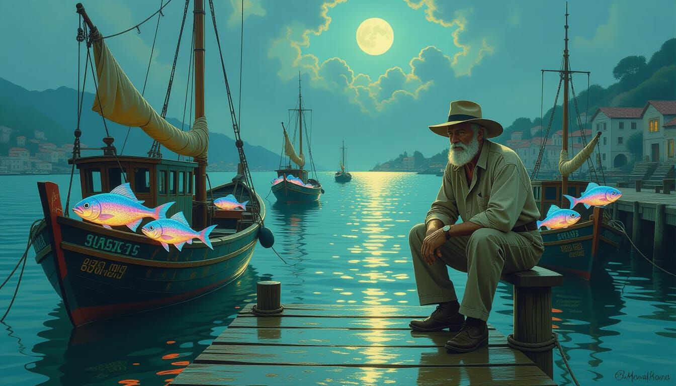 Old Sailor at Ethereal Harbor, Oil Painting Style