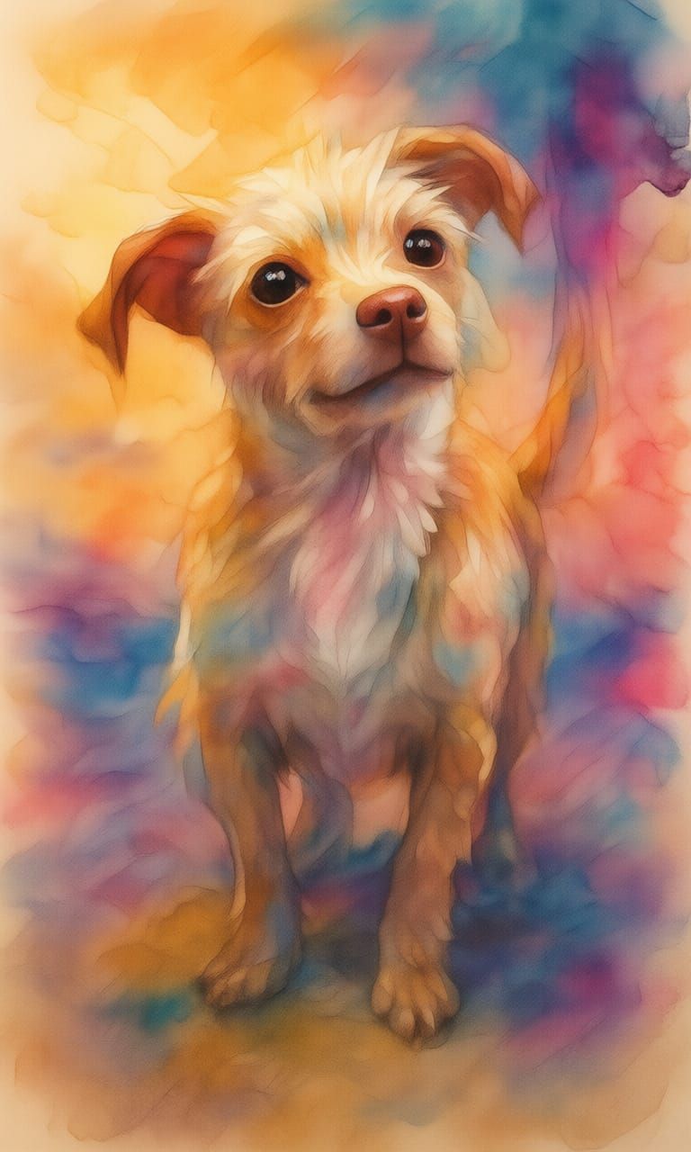 Scruffy Terrier Dog on Beach at Sunset, Alcohol Ink Art