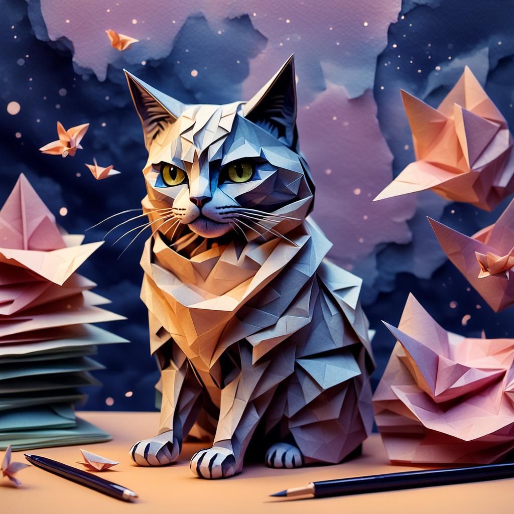 Whimsical Papercraft Cats in Delicate Watercolor