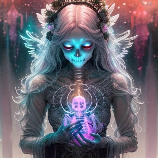 Surreal X-Ray Ghost Tenderly Holds a Glowing Baby Skeleton i...