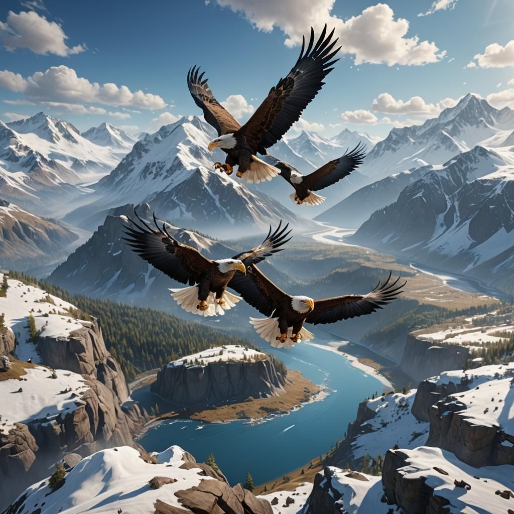 Epic Eagles in Flight Over Snow-Capped Mountain