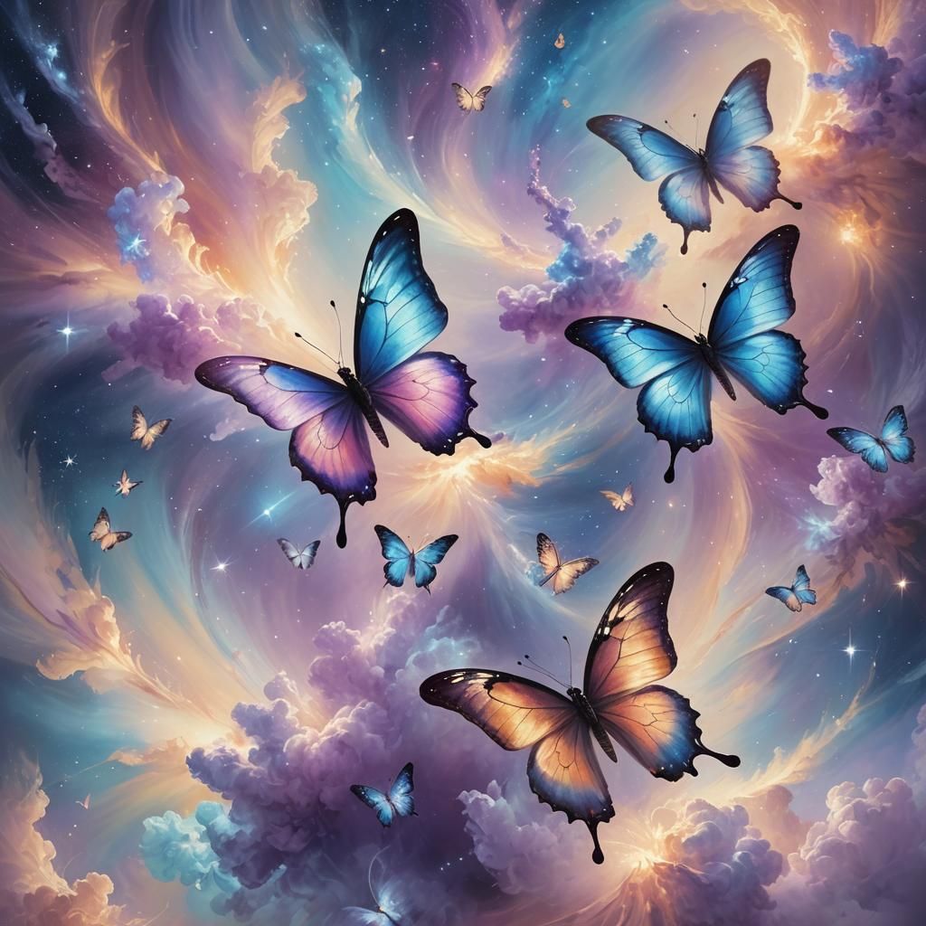 Butterflies flying in a shining galaxy