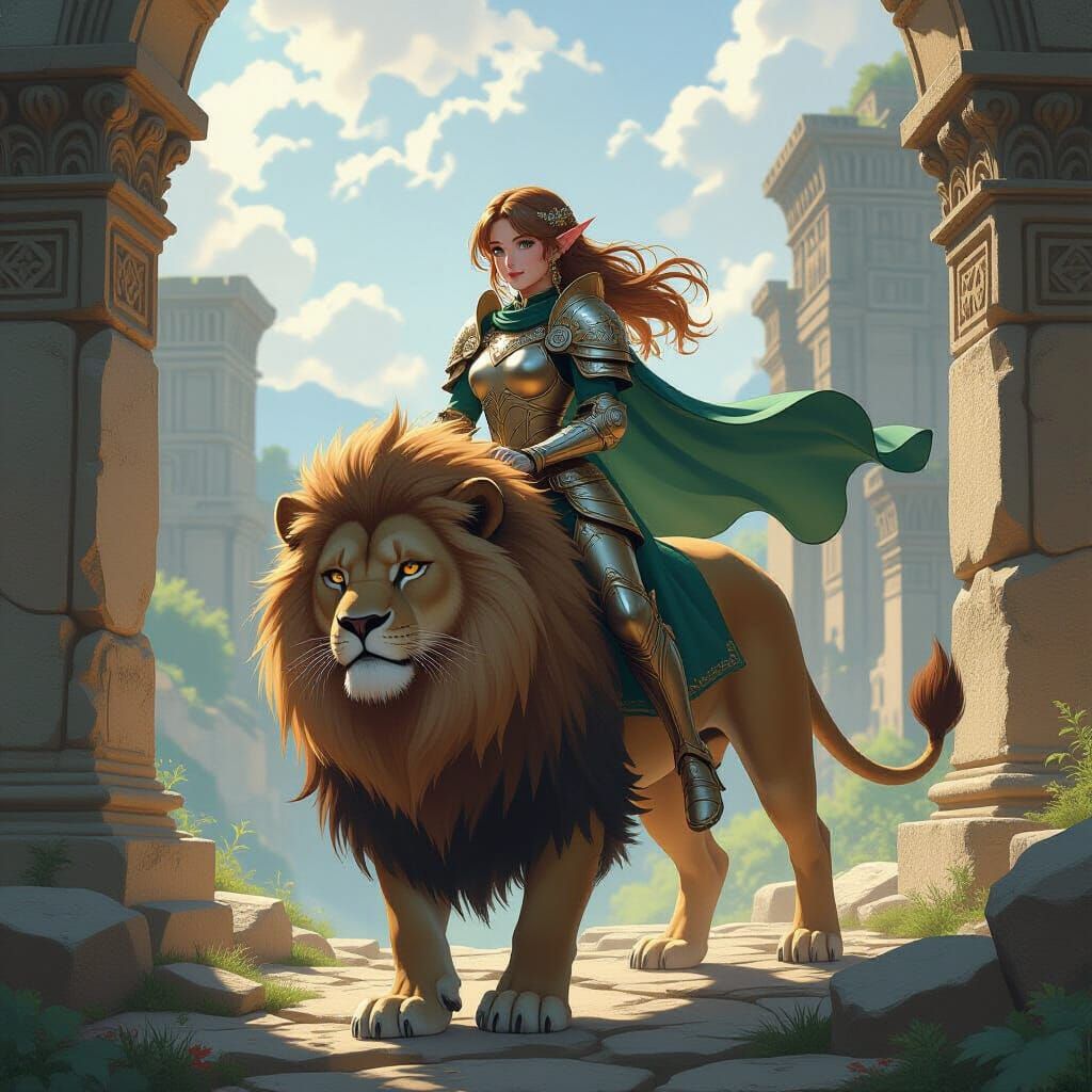 Elf Princess on Lion in Mystical Valley, Anime Style