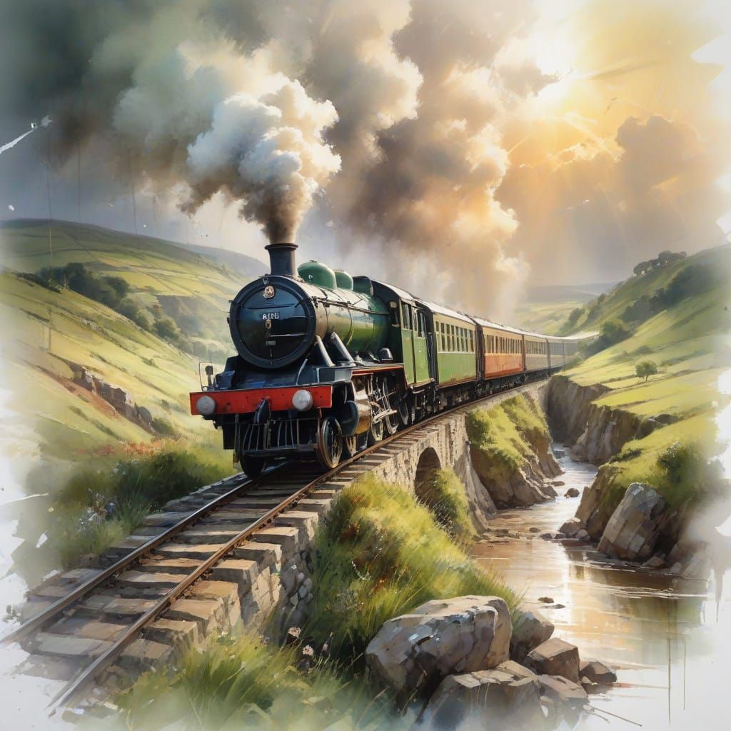 Steam Train on Viaduct: Watercolour Landscape