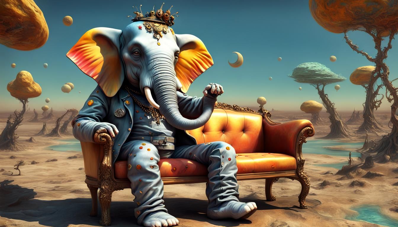 Surreal Salvador Dali-Inspired Elephant Smiles on Alien Plan...