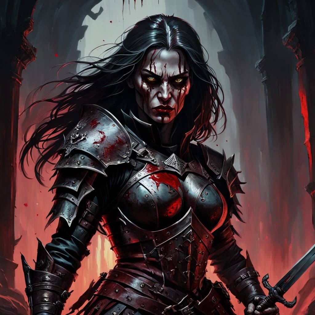 Warrior Woman in Dark Fantasy Oil Painting Style