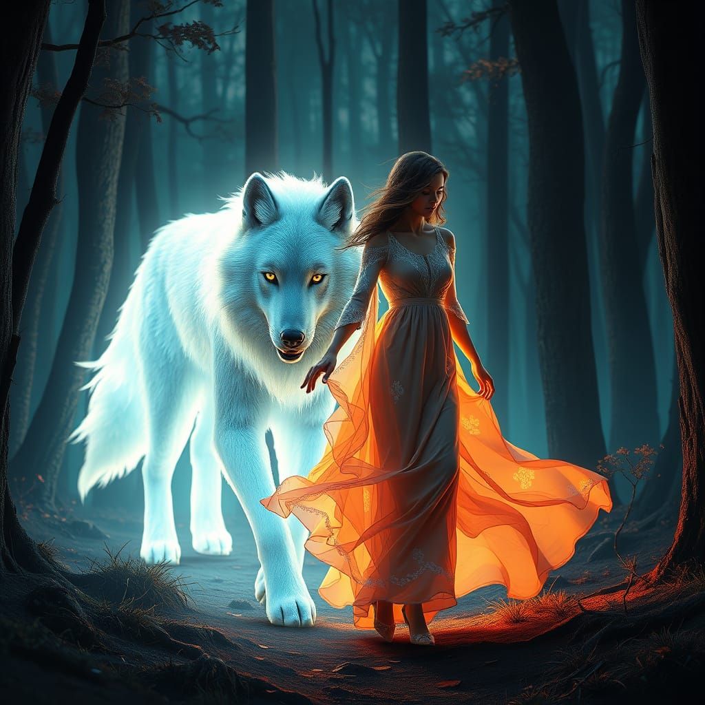 Woman and Light Wolf in Mystical Woods