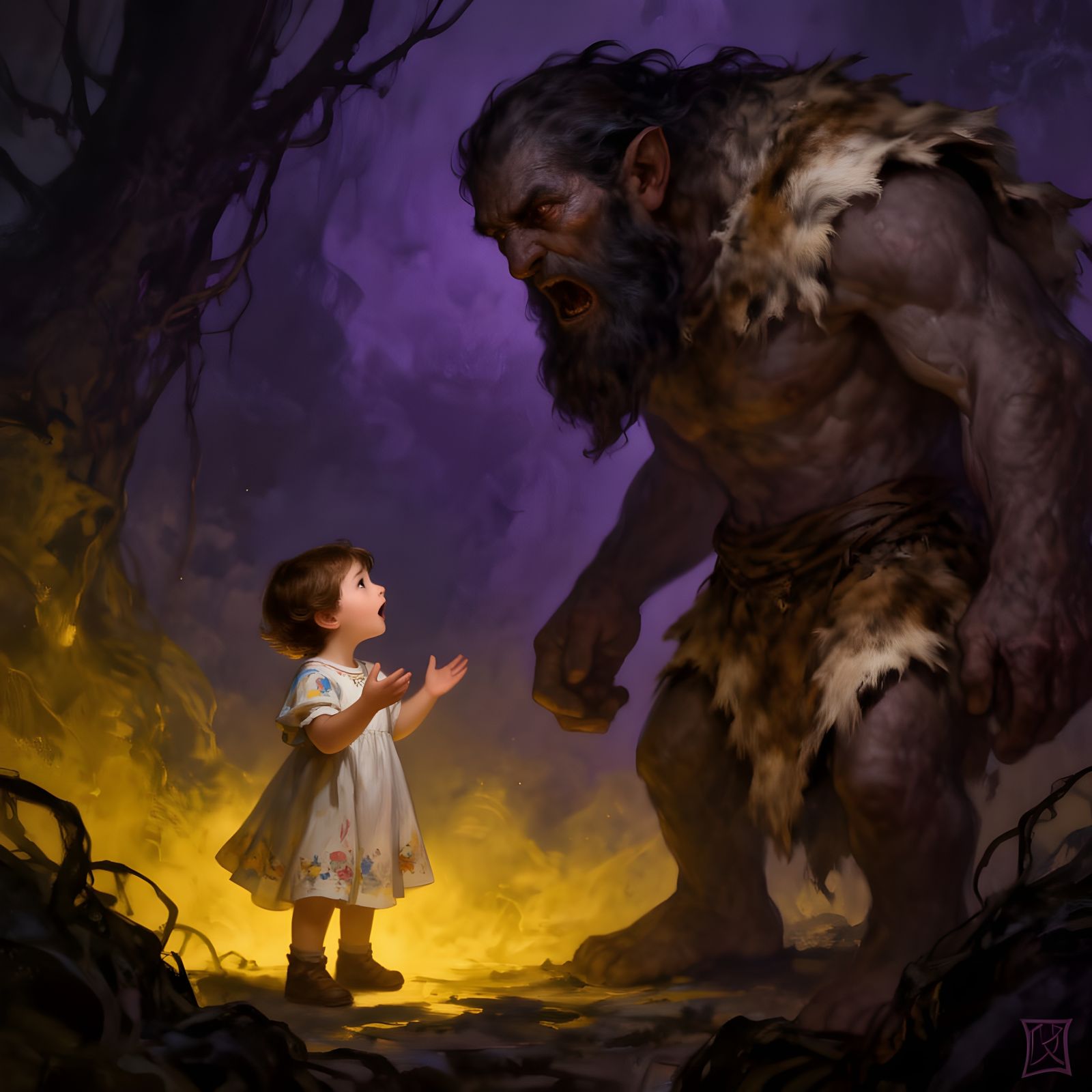 Child Speaks to Giant in Dark Fantasy Art