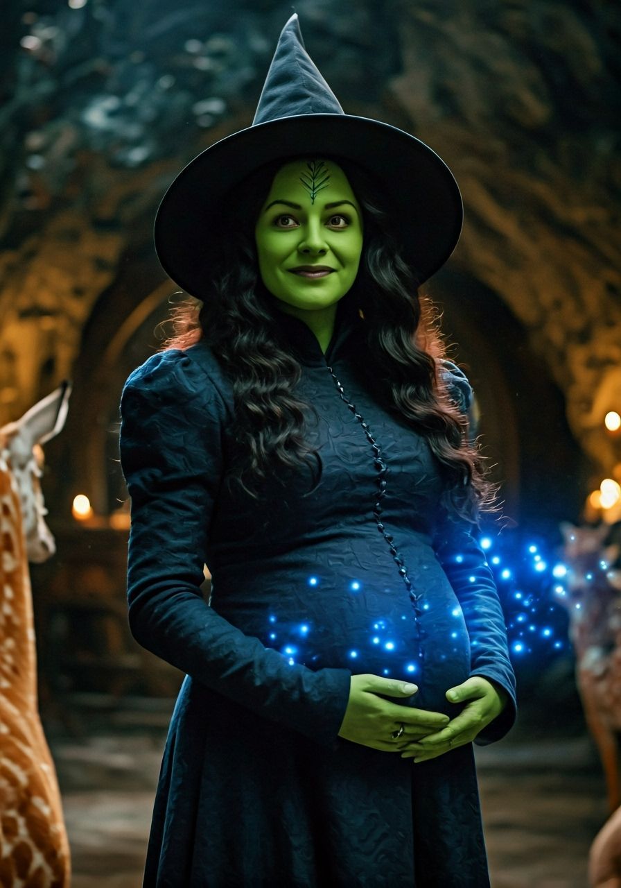 Pregnant Witch Casting Blue Magic in Forest Cave