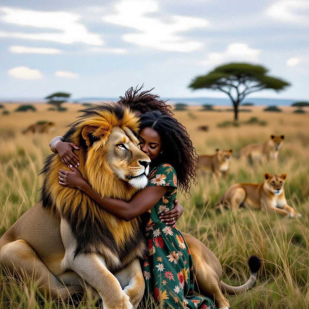 Person Hugs Lion in African Savanna: Cinematic Still