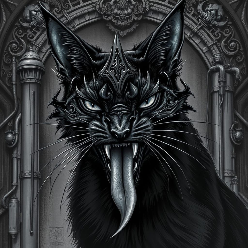 Demonic Black Cat with Industrial Filigree in Brutalist Styl...