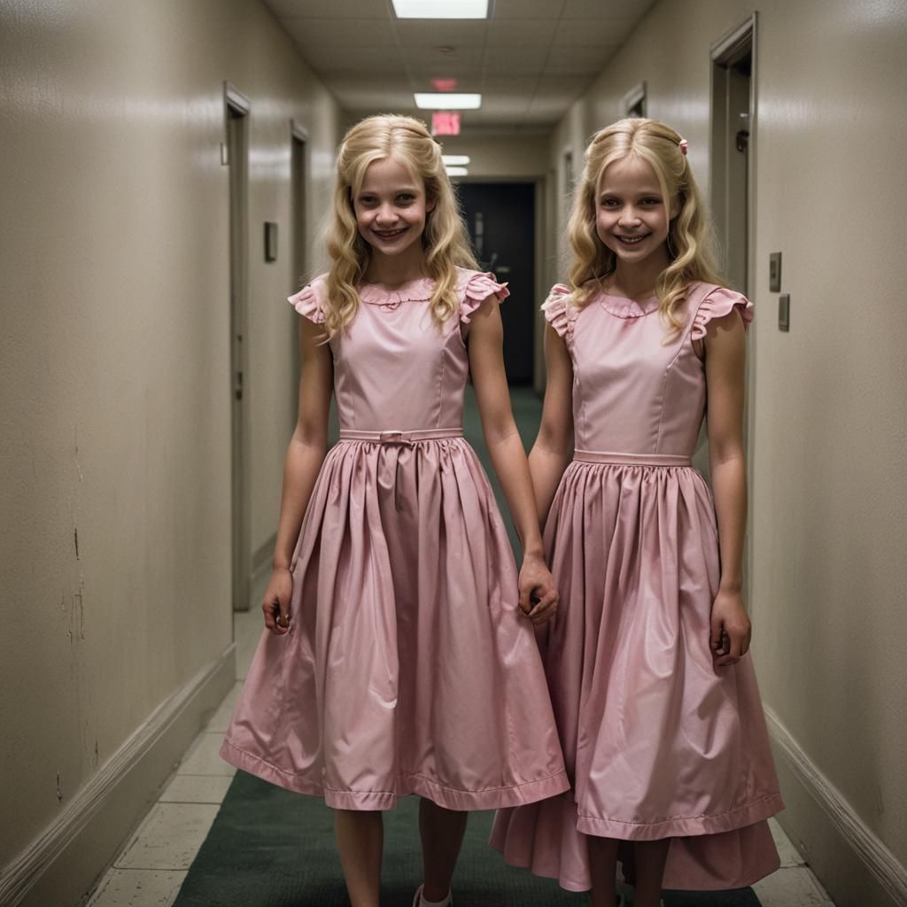 Sisters in Disturbing Hallway with Unsettling Smiles
