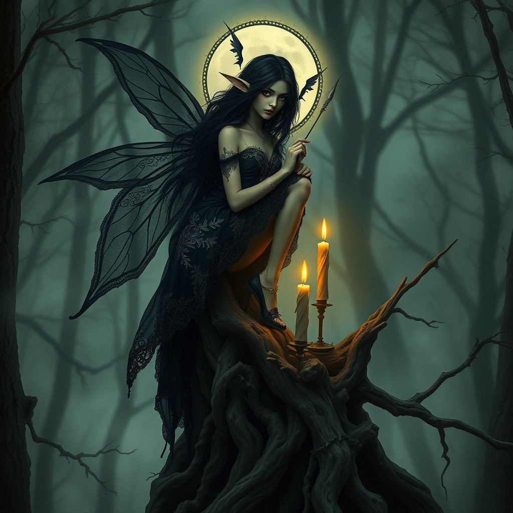 Gothic Dark Fairy Elf Adorned in Victorian Lace and Candleli...