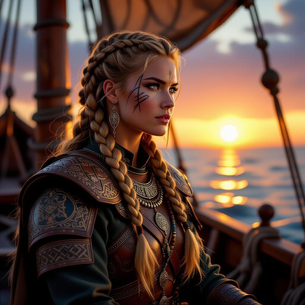Norse Shield-Maiden Portrait on Longship at Sunset