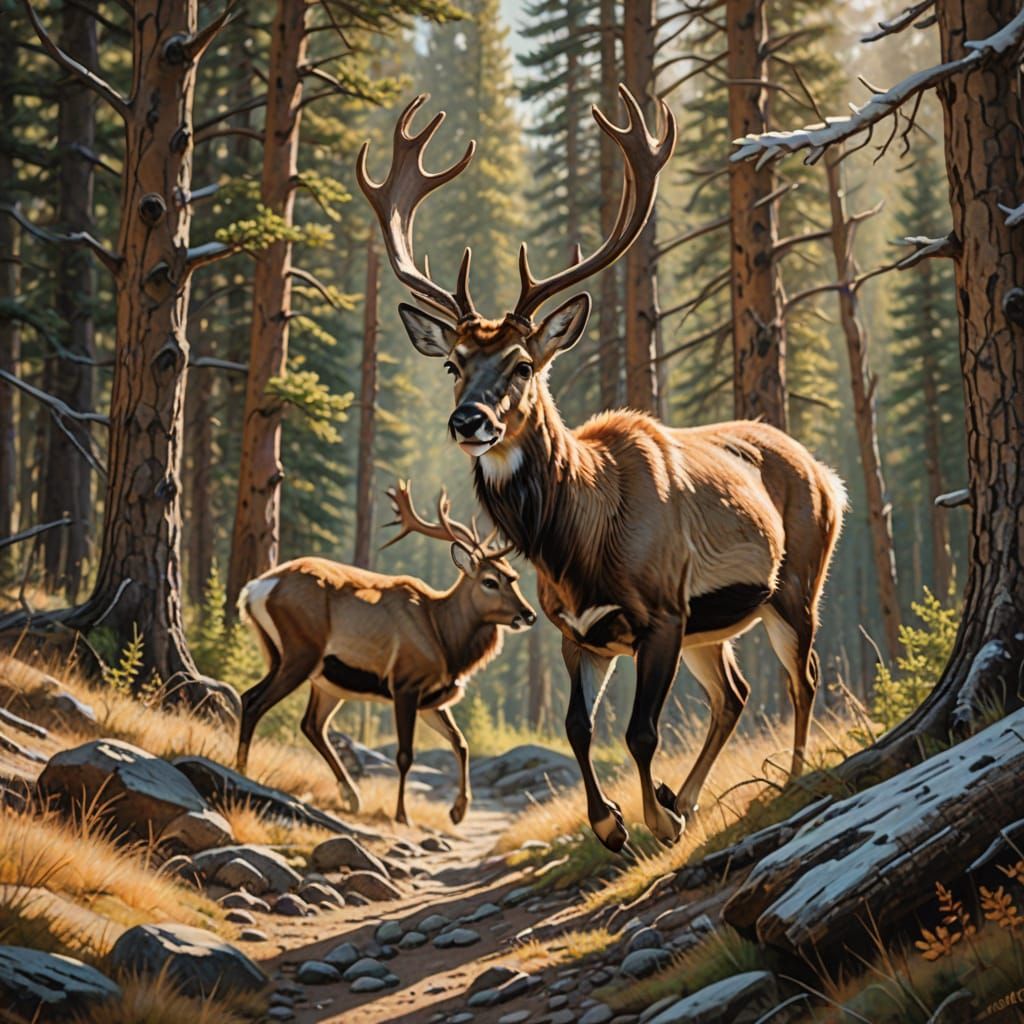 Majestic Antelope Reindeer in Forest Oil Painting