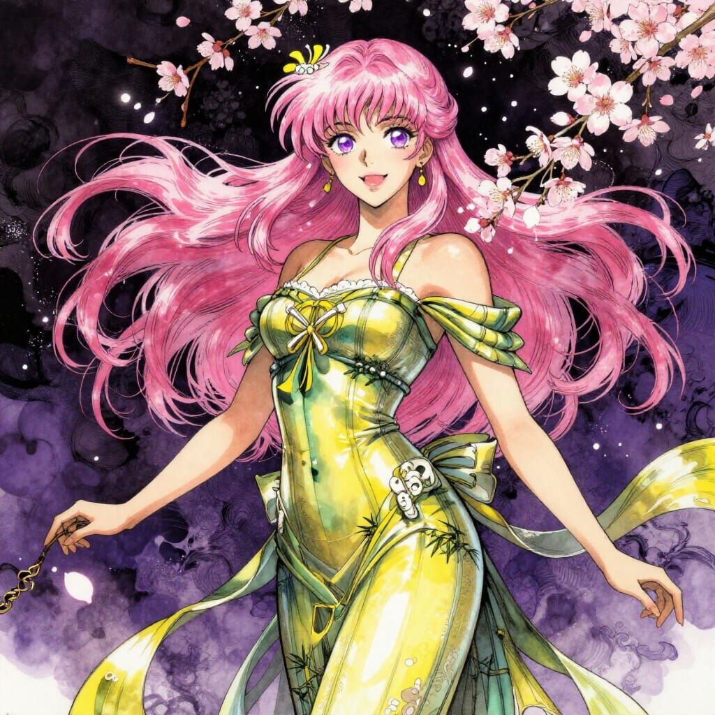 Princess Amidst Cherry Blossoms in Alcohol Ink Style