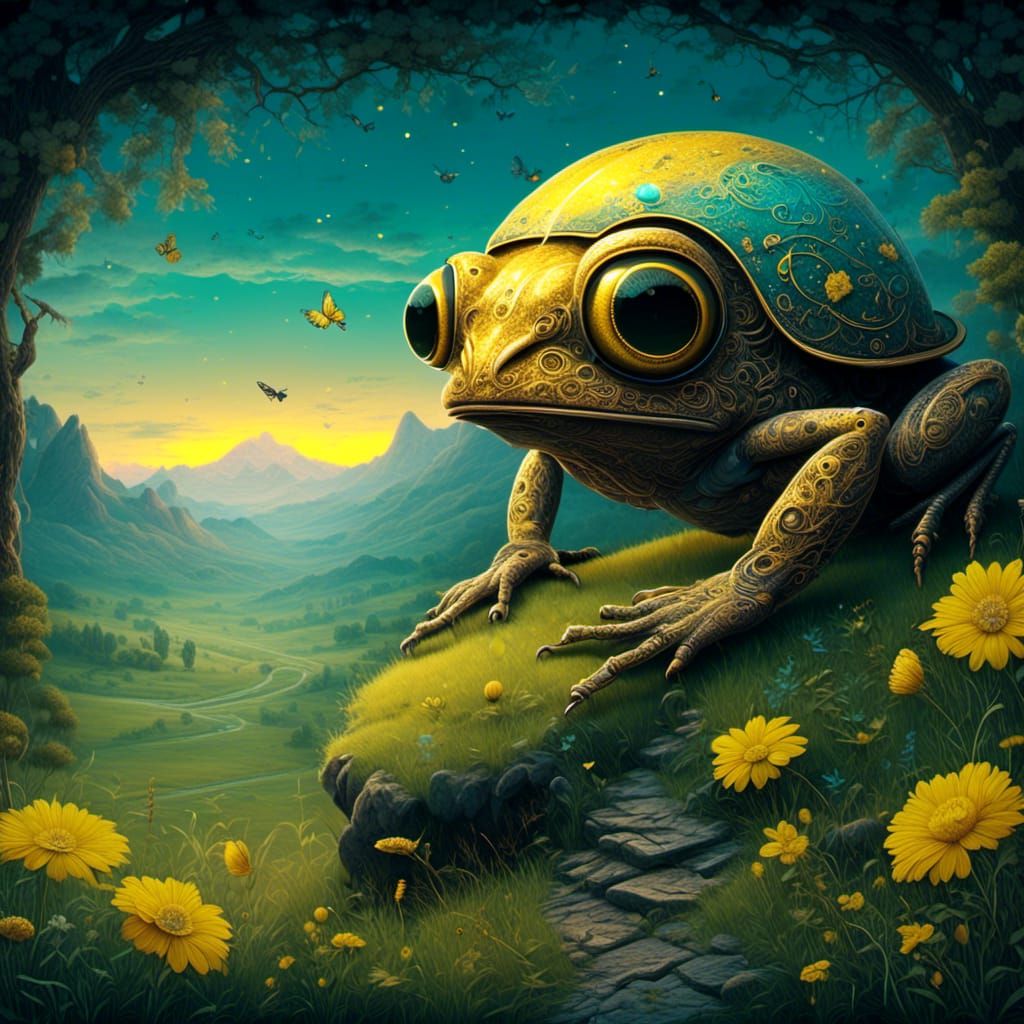 Surreal Misty Mountain Scene with Fly and Toad in Cyberpunk...