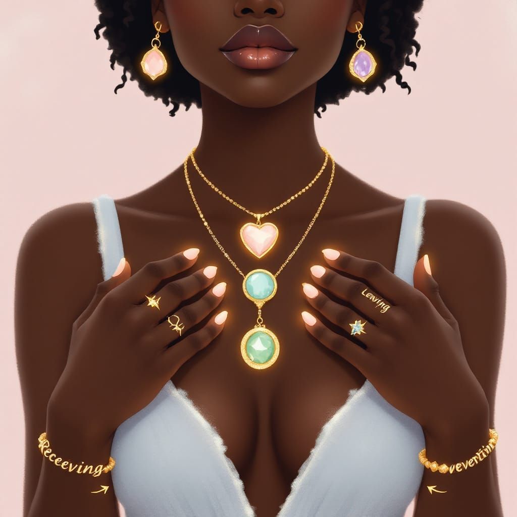 Dreamy Pastel Portrait of a Black Woman with Crystal Jewelry