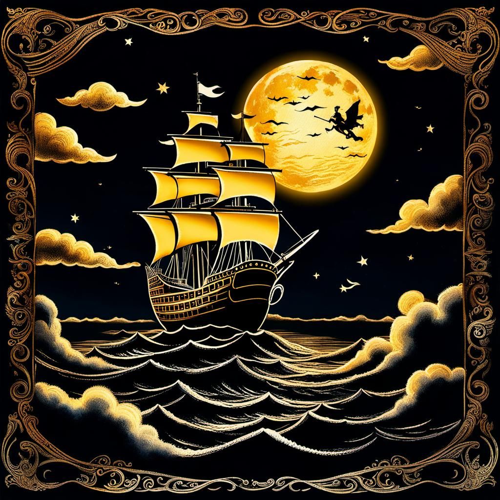 Captain Hook's Ship Sails Through Clouds in Whimsical Golden...