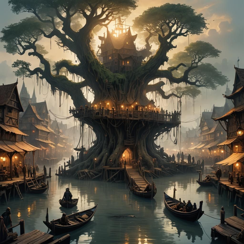 Medieval Wetland Market Unfolds in Vibrant Cyberpunk Hues