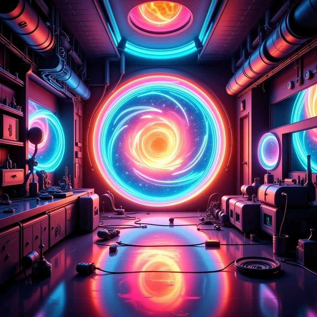 Neon Sci-Fi Laboratory with Portal Gateway in Unreal Engine