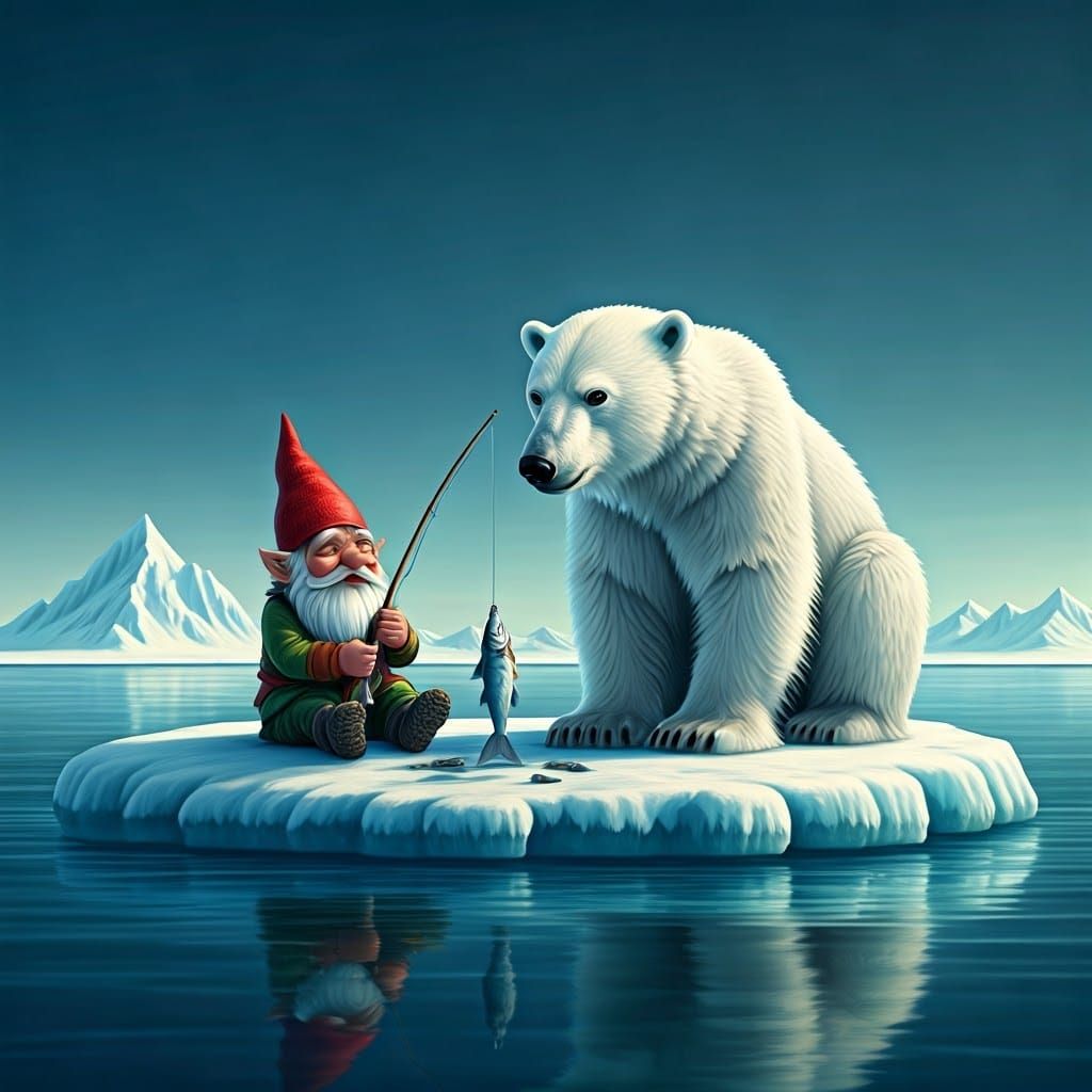 Gnome and Polar Bear Share Fish Dinner on Arctic Ice Floe