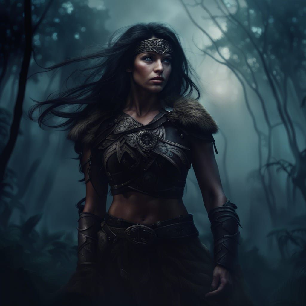 Epic Amazon Warrior Emerges from Foggy Forest in Dark Fantas...